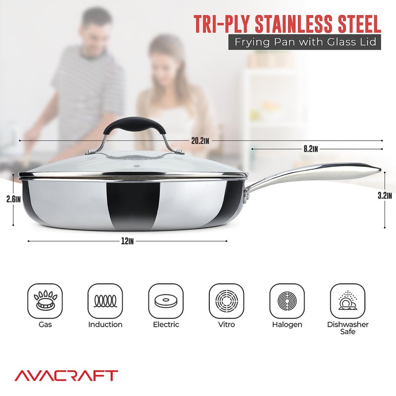 AVACRAFT 18/10 12 Inch Stainless Steel Frying Pan with Lid, Side Spouts, Induction Pan, Versatile Stainless Steel Skillet, Fry Pan in our Pots and Pans (Tri-Ply Stainless Steel, 12 Inch) - Image 2